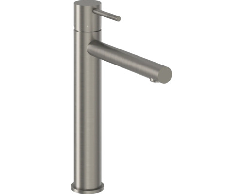 Páková umyvadlová baterie s vysokým výtokem z kartáčované nerezové oceli pro umyvadlové mísy.