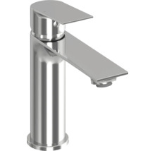 Páková umyvadlová baterie v chromovém provedení s plochým výtokem a plochou pákou.