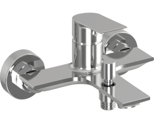 Moderní páková vanová baterie z chromovaného kovu pro nástěnnou montáž.
