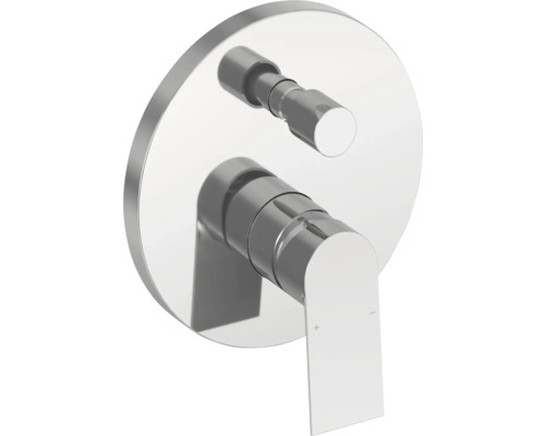 Podomítková páková baterie pro sprchu nebo vanu z chromovaného kovu s kulatou rozetou, ovládací pákou a přepínačem.