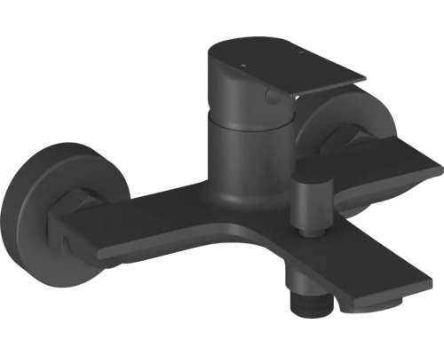 Černá nástěnná vanová baterie s matným povrchem, plochým výtokem a pákovým ovládáním.