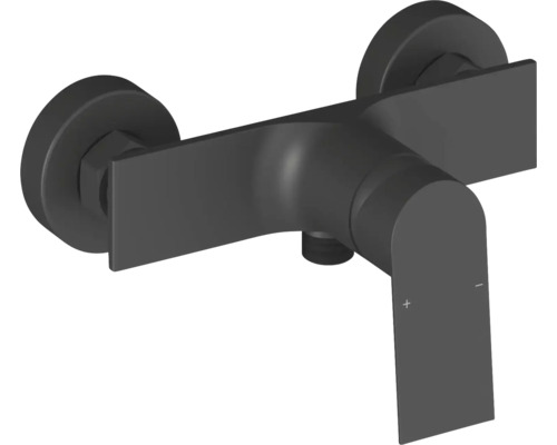 Nástěnná páková sprchová baterie v černé matné barvě, moderní design s plochým výtokem a hranatou pákou.