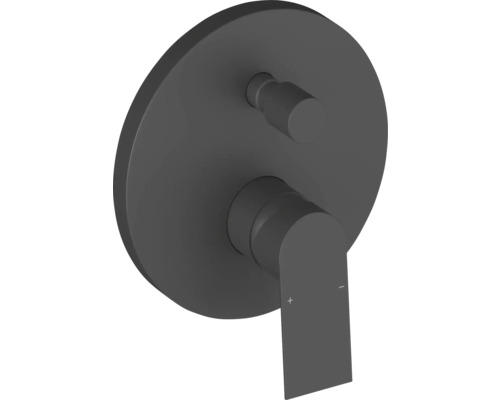 Podomítková páková baterie v matné černé barvě s kulatou rozetou, plochou pákou a přepínačem pro sprchu nebo vanu.