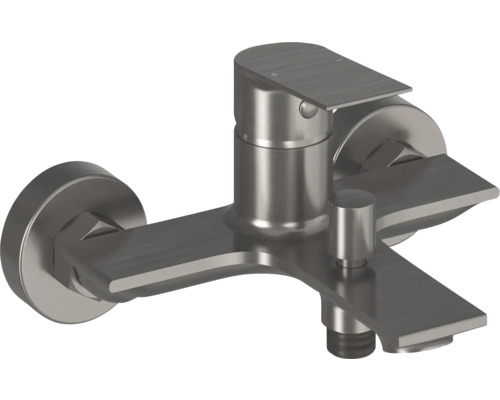 Páková vanová baterie pro nástěnnou montáž z kartáčovaného kovu s plochým výtokem a přepínačem.