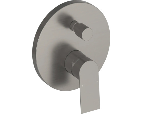 Podomítková baterie pro sprchu nebo vanu s kulatou rozetou, pákovým ovládáním a přepínačem z kartáčovaného kovu.