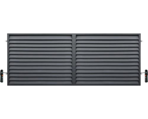 Dvoukřídlá vjezdová brána v antracitové barvě s horizontálními lamelami a elektrickým pohonem.