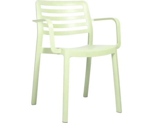 Stohovatelná zahradní židle z plastu s područkami a laťkovým opěradlem.