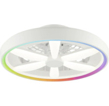 Kulatý stropní ventilátor s LED osvětlením a barevným RGB kruhem v bílé barvě.