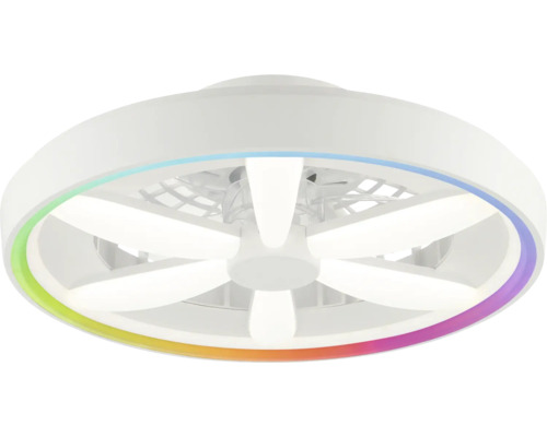 Kulatý stropní ventilátor s LED osvětlením a barevným RGB kruhem v bílé barvě.