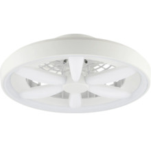 Kulatý bílý stropní ventilátor s integrovaným LED světelným kruhem a několika bílými lopatkami.