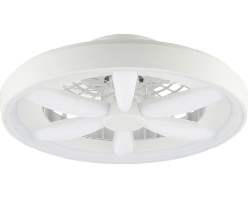 Kulatý bílý stropní ventilátor s integrovaným LED světelným kruhem a několika bílými lopatkami.
