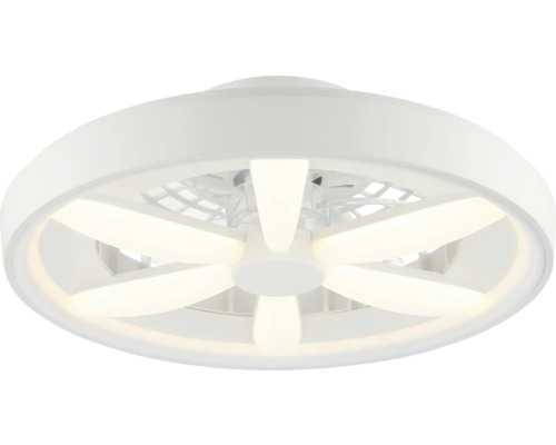 Bílé stropní svítidlo s integrovaným ventilátorem, kulatý tvar se šesti LED světelnými segmenty uspořádanými do hvězdy.