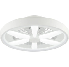 Moderní stropní ventilátor s LED osvětlením, kulatý bílý design se šesti světelnými prvky uspořádanými do hvězdy.