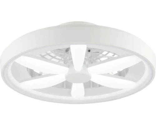 Moderní stropní ventilátor s LED osvětlením, kulatý bílý design se šesti světelnými prvky uspořádanými do hvězdy.