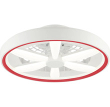 Moderní stropní ventilátor s integrovaným LED osvětlením, kruhovým krytem a červeným dekoračním kroužkem.