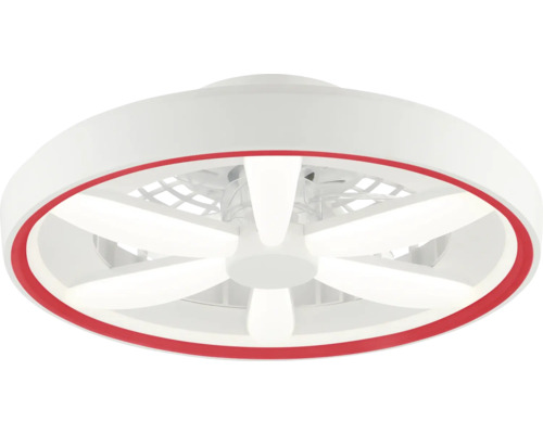 Moderní stropní ventilátor s integrovaným LED osvětlením, kruhovým krytem a červeným dekoračním kroužkem.