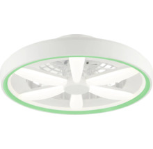 Moderní kulatý stropní ventilátor s integrovaným LED osvětlením a zeleným ozdobným kroužkem.
