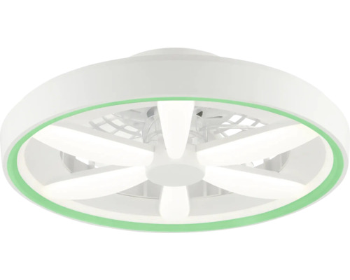 Moderní kulatý stropní ventilátor s integrovaným LED osvětlením a zeleným ozdobným kroužkem.