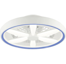 Stropní ventilátor s LED osvětlením, kulatý design s bílými lopatkami a modrým kroužkem.