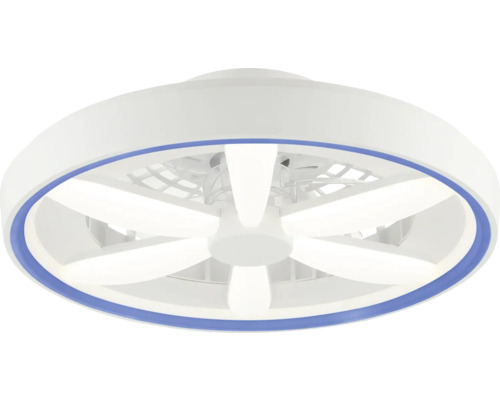 Stropní ventilátor s LED osvětlením, kulatý design s bílými lopatkami a modrým kroužkem.