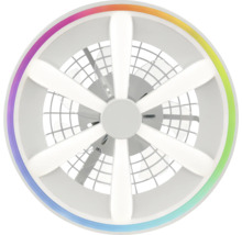 Moderní stropní ventilátor s LED osvětlením, hvězdicovitými světelnými prvky a vnějším barevným světelným kruhem.
