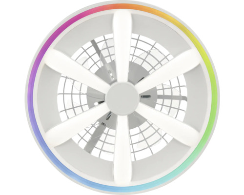 Moderní stropní ventilátor s LED osvětlením, hvězdicovitými světelnými prvky a vnějším barevným světelným kruhem.
