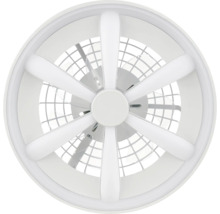 Moderní stropní ventilátor v bílé barvě s integrovaným LED osvětlením ve tvaru hvězdy a ochrannou mřížkou.