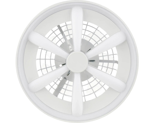 Moderní stropní ventilátor v bílé barvě s integrovaným LED osvětlením ve tvaru hvězdy a ochrannou mřížkou.