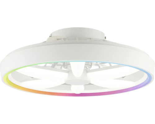 Bílý stropní ventilátor s integrovaným LED osvětlením a světelným prstencem s barevným efektem.