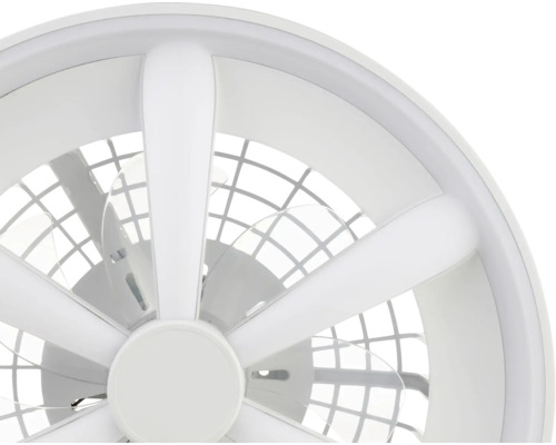 Moderní kulatý stropní ventilátor s integrovaným LED osvětlením a ochrannou mřížkou.