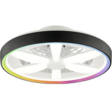 Kulatý stropní ventilátor v černé barvě s integrovaným bílým osvětlením, světelnými prvky ve tvaru hvězdy a barevným světelným prstencem.
