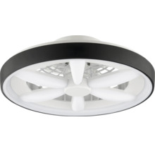 Stropní ventilátor s integrovaným LED osvětlením, kulatý design s černým vnějším kroužkem a bílými lopatkami ventilátoru.