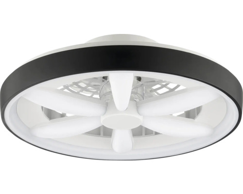 Stropní ventilátor s integrovaným LED osvětlením, kulatý design s černým vnějším kroužkem a bílými lopatkami ventilátoru.