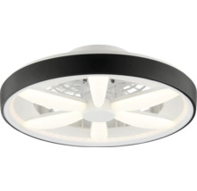 Moderní kulatý stropní ventilátor s integrovanými LED panely a černým vnějším prstencem.