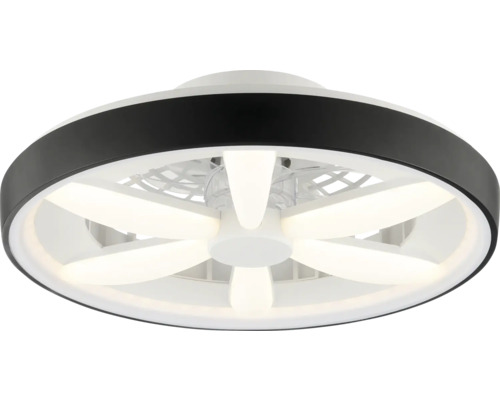 Moderní kulatý stropní ventilátor s integrovanými LED panely a černým vnějším prstencem.