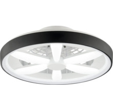 Kulatý stropní ventilátor s integrovaným LED osvětlením, černý vnější kroužek a pět bílých lopatek.