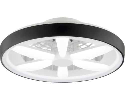 Kulatý stropní ventilátor s integrovaným LED osvětlením, černý vnější kroužek a pět bílých lopatek.