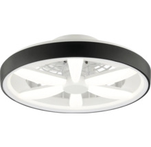 Kulaté stropní svítidlo s integrovaným ventilátorem, černým vnějším prstencem a hvězdicovitým LED osvětlením.