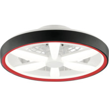 Moderní stropní ventilátor s integrovaným LED osvětlením, kulatý design s černo-červeným krytem.