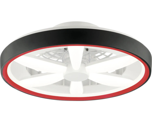 Moderní stropní ventilátor s integrovaným LED osvětlením, kulatý design s černo-červeným krytem.