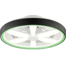 Moderní kulatý stropní ventilátor s integrovaným hvězdicovitým LED osvětlením a černým vnějším kroužkem se zeleným světelným akcentem.
