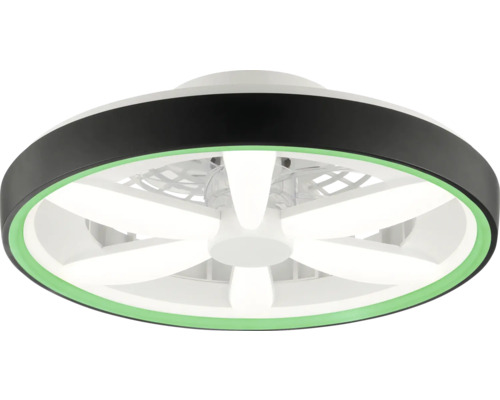 Moderní kulatý stropní ventilátor s integrovaným hvězdicovitým LED osvětlením a černým vnějším kroužkem se zeleným světelným akcentem.