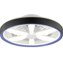 Moderní stropní ventilátor s LED osvětlením, kulatý černý rám s modrým světelným kroužkem a bílými vějířovitými LED prvky.