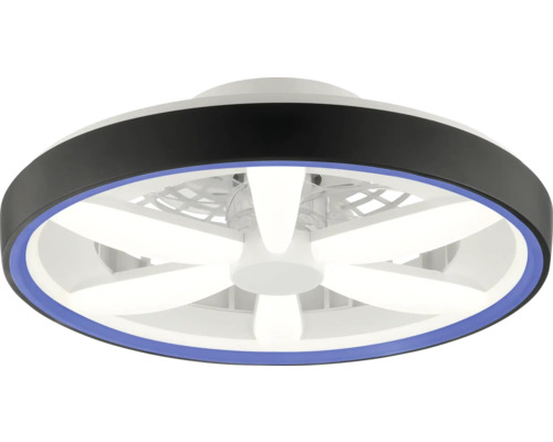 Moderní stropní ventilátor s LED osvětlením, kulatý černý rám s modrým světelným kroužkem a bílými vějířovitými LED prvky.