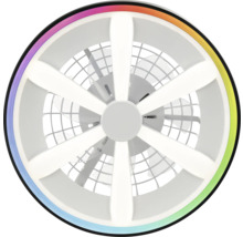Kulatý stropní ventilátor s LED osvětlením ve tvaru hvězdy a barevným RGB kroužkem.