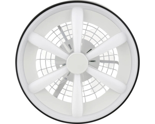 Kulatý stropní ventilátor v bílé barvě s integrovaným LED osvětlením a šesti paprsky.