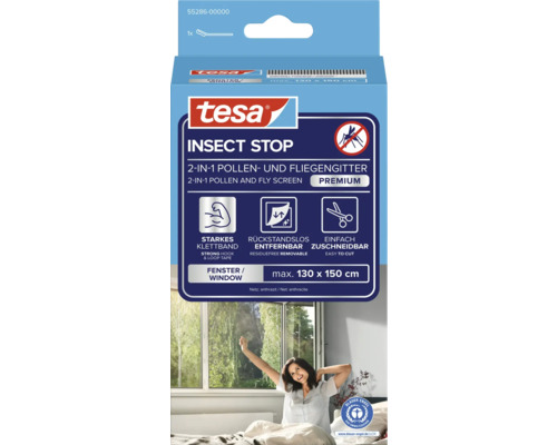 tesa Insect Stop 2 v 1 síť proti pylu a hmyzu Premium pro okna, maximálně 130 na 150 centimetrů, se suchým zipem.