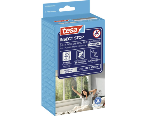 tesa Insect Stop 2 v 1 prémiová síť proti pylu a hmyzu do oken, barva antracit, odstranitelná beze zbytků, maximálně 130 na 150 centimetrů.