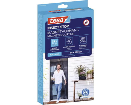 tesa Logo, magnetický závěs do dveří Insect Stop, rozměry 80 krát 200 centimetrů, samouzavírací se spolehlivým uchycením a rychlou montáží.