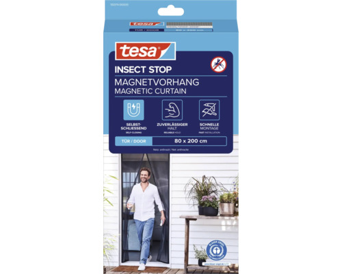 tesa Insect Stop magnetický závěs do dveří, samozavírací, 80 krát 200 centimetrů, antracitová síťovina.
